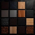 Samples of laminate and vinyl floor tile on black wooden background. Top view Royalty Free Stock Photo