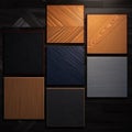 Samples of laminate and vinyl floor tile on black wooden background. Top view Royalty Free Stock Photo