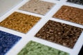 Samples of linoleum. Cutting and laying of floor coverings Royalty Free Stock Photo