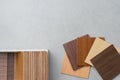 Samples of material, wood , on concrete table.Interior design se Royalty Free Stock Photo