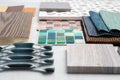 Samples of material, wood , on concrete table.Interior design se Royalty Free Stock Photo