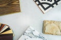 Samples of material, wood , on concrete table.Interior design select material for idea. Decoration idea concept Royalty Free Stock Photo