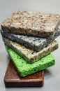 Samples of multicolored acrylic stone, vertical photography