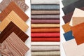 Samples of parquet, fabric for curtains, and leather for the work of the interior designer Royalty Free Stock Photo