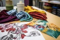 samples of textile fabrics next to drawings of clothes