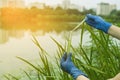 Sampling from open water. A scientist or biologist takes a sample of water from a city reservoir. A sample of water in a