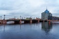 Sampsonievsky bridge and Modern glass building in the evening. Saint Petersburg, Russia