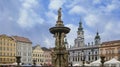 The Samson fountain on the main square with the Town Hall in Ceske Budejovice, Czech Republic Royalty Free Stock Photo