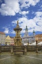 The Samson fountain on the main square with the Town Hall in Ceske Budejovice, Czech Republic Royalty Free Stock Photo