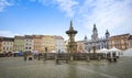 The Samson fountain on the main square with the Town Hall in Ceske Budejovice, Czech Republic Royalty Free Stock Photo