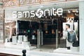 Samsonite store is closed in shopping mall of St. Petersburg. Glass doors closed. Company produces suitcases, travel bags, backpac