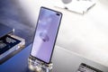 Samsung Galaxy S10+ plus smartphone, presentation features of Samsung S10+ with Android at Samsung exhibition pavilion showroom