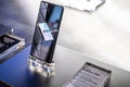 Samsung Galaxy S10+ plus smartphone, presentation features of Samsung S10+ with Android at Samsung exhibition pavilion showroom