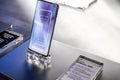 Samsung Galaxy S10+ plus smartphone, presentation features of Samsung S10+ with Android at Samsung exhibition pavilion showroom