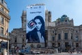 Samsung Galaxy Z Flip5 advertising billboard covering the scaffolding on the facade of the Paris Opera house