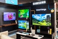 Samsung Logo and TVs inside electronics store. Minsk, Belarus, 2023