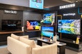 Samsung Logo and TVs inside electronics store. Minsk, Belarus, 2023