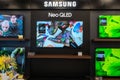 Samsung QLED TVs display inside electronics store. Minsk, Belarus - January 10, 2024 Royalty Free Stock Photo