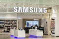 Samsung store in the mall. Front view. Customer service and electronics sales. Moscow, Russia, 03-31-2021 Royalty Free Stock Photo