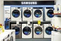 Samsung washing machines displayed in the showroom of a commercial store. Minsk, Belarus - March 2021 Royalty Free Stock Photo
