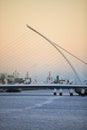 The Samuel Beckett Bridge crosses the Liffey River.