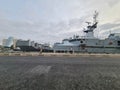 Samuel Beckett navy ship docked on river Liffey, Dublin Ireland