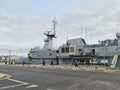 Samuel Beckett navy ship docked on river Liffey, Dublin Ireland