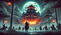 samurai ambushing castle at night wallpaper Royalty Free Stock Photo