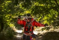 Samurai in ancient armor, with a sword ready to attack