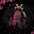 Samurai armor, adorned with vibrant neon outlines, appears in a dramatic pose Royalty Free Stock Photo