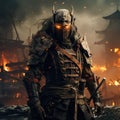 Samurai in armor and mask against the background of a burning ruined city, a portrait of a warrior