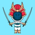 Samurai astronaut wearing two katana, cute cartoon icon illustration