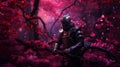 Samurai in beautiful iron armor in a magical forest with neon lights, movie concept