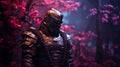 Samurai in beautiful iron armor in a magical forest with neon lights, movie concept