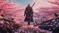 Samurai in a blooming garden back view. Generative AI. Royalty Free Stock Photo