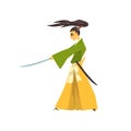 Samurai cartoon character with katana, Japanese warrior in traditional clothes vector Illustration on a white background