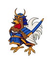 Samurai Chicken or Rooster in blue armor of japanese warrior and with sword. Ninja Cock Mascot for fast food restaurant or sushi