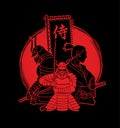 3 Samurai composition cartoon graphic vector.