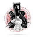 3 Samurai composition with flag Japanese font mean Samurai graphic vector Royalty Free Stock Photo