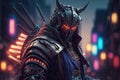 Samurai in cyberpunk style with neon color on the back city, generative ai