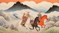 Samurai Equestrian Mastery: Warriors in a Majestic Traditional Painting