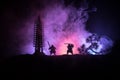 Samurai fighting concept. Silhouette of samurais in duel near tree and old temple. Picture with two samurais and sunset sky. Selec