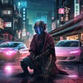 samurai in the future in 2050 neo tokyo scene cyberpunk portrait generative AI