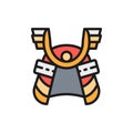 Samurai helmet, japanese warrior mask flat color line icon.