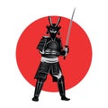 Samurai hold sword in front of red circle,warrior of japan,monochrome realistic design Royalty Free Stock Photo