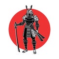 Samurai hold sword in front of red circle,warrior of japan,monochrome realistic design Royalty Free Stock Photo