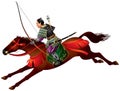 Samurai Horseman with the bow, Mounted Samurai Archer, Japanese Yabusame horse-back archery Royalty Free Stock Photo