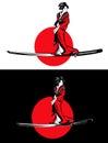 Samurai katana sword blade and geisha wearing kimono against red sun vector design set Royalty Free Stock Photo