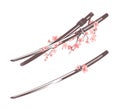 Samurai katana sword and sakura flowers vector design set