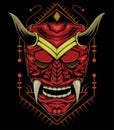 samurai mask. red devil face illustration. head of red demon. japanese demon mask